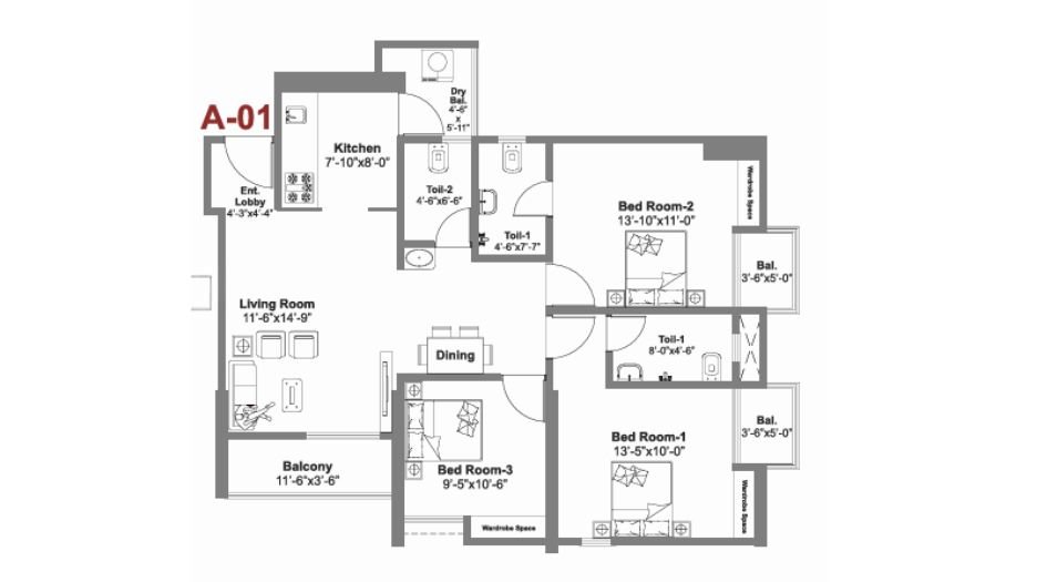 KP Archana Paradise 3 BHK Floor Plan